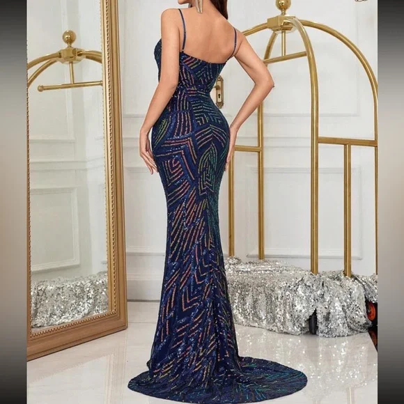 Luxe slit thigh mermaid hem party formal sequins dress